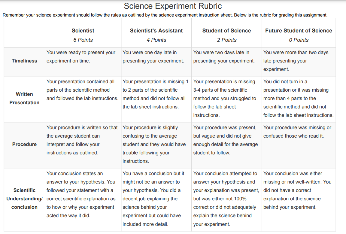 science experiment rubric